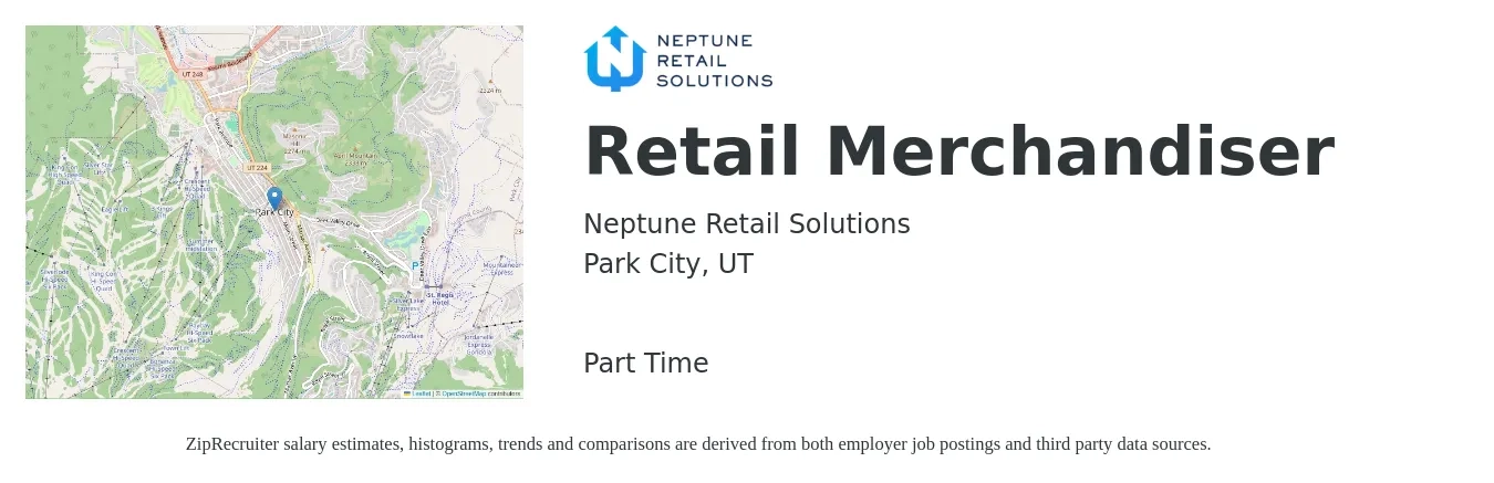 Neptune Retail Solutions job posting for a Retail Merchandiser in Park City, UT with a salary of $14 Hourly with a map of Park City location.