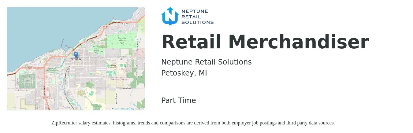 Neptune Retail Solutions job posting for a Retail Merchandiser in Petoskey, MI with a salary of $14 to $17 Hourly with a map of Petoskey location.