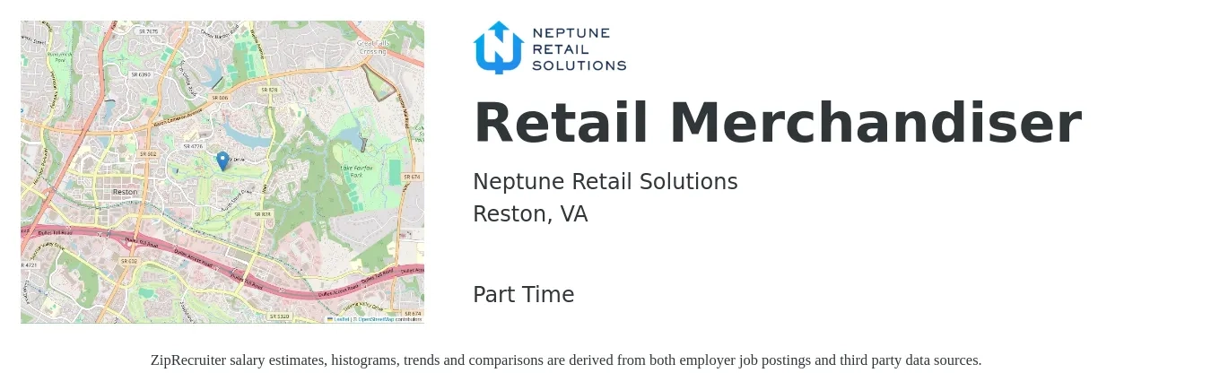 Neptune Retail Solutions job posting for a Retail Merchandiser in Reston, VA with a salary of $14 to $18 Hourly with a map of Reston location.
