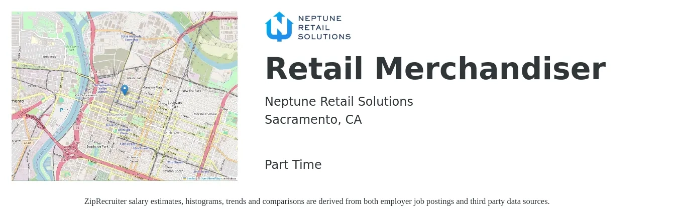 Neptune Retail Solutions job posting for a Retail Merchandiser in Sacramento, CA with a salary of $16 Hourly with a map of Sacramento location.