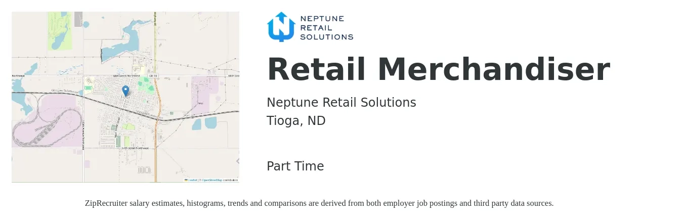 Neptune Retail Solutions job posting for a Retail Merchandiser in Tioga, ND with a salary of $14 to $17 Hourly with a map of Tioga location.