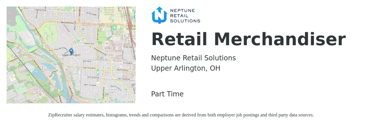 Neptune Retail Solutions job posting for a Retail Merchandiser in Upper Arlington, OH with a salary of $12 to $16 Hourly with a map of Upper Arlington location.