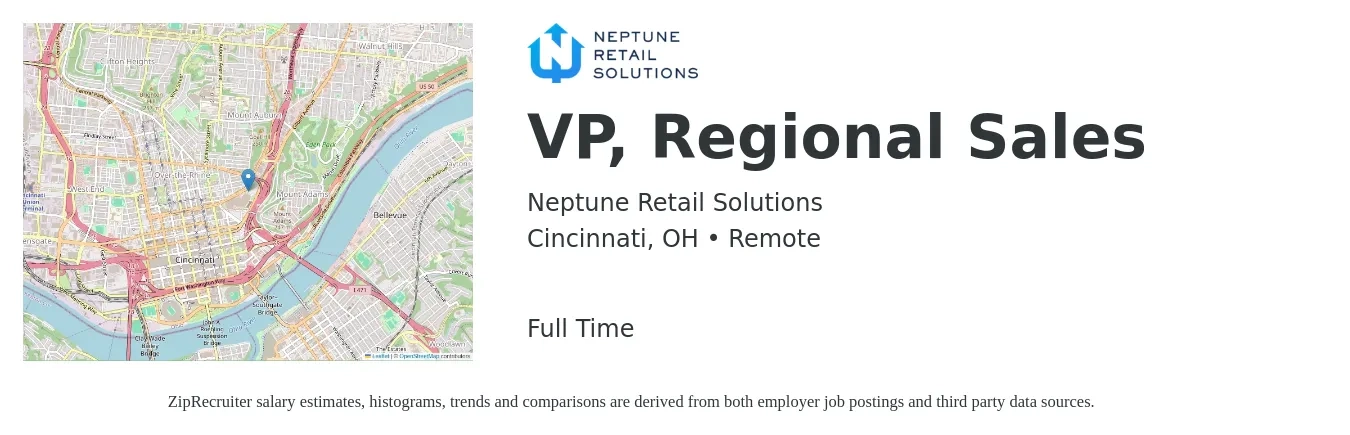 Neptune Retail Solutions job posting for a VP, Regional Sales in Cincinnati, OH with a salary of $91,600 to $161,700 Yearly with a map of Cincinnati location.
