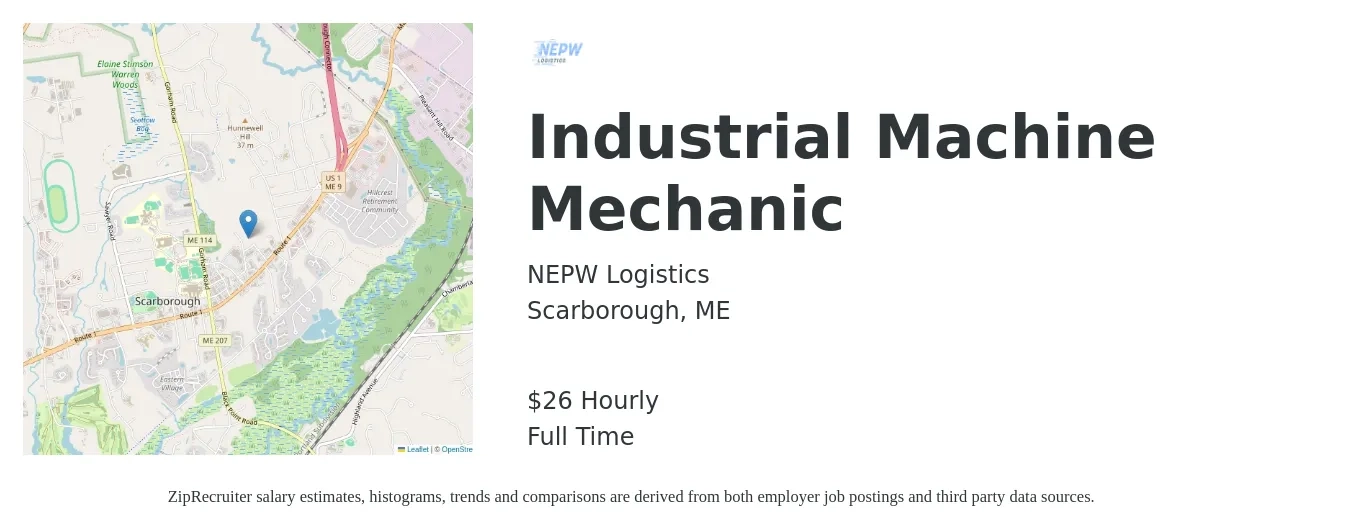 NEPW Logistics job posting for a Industrial Machine Mechanic in Scarborough, ME with a salary of $28 Hourly with a map of Scarborough location.