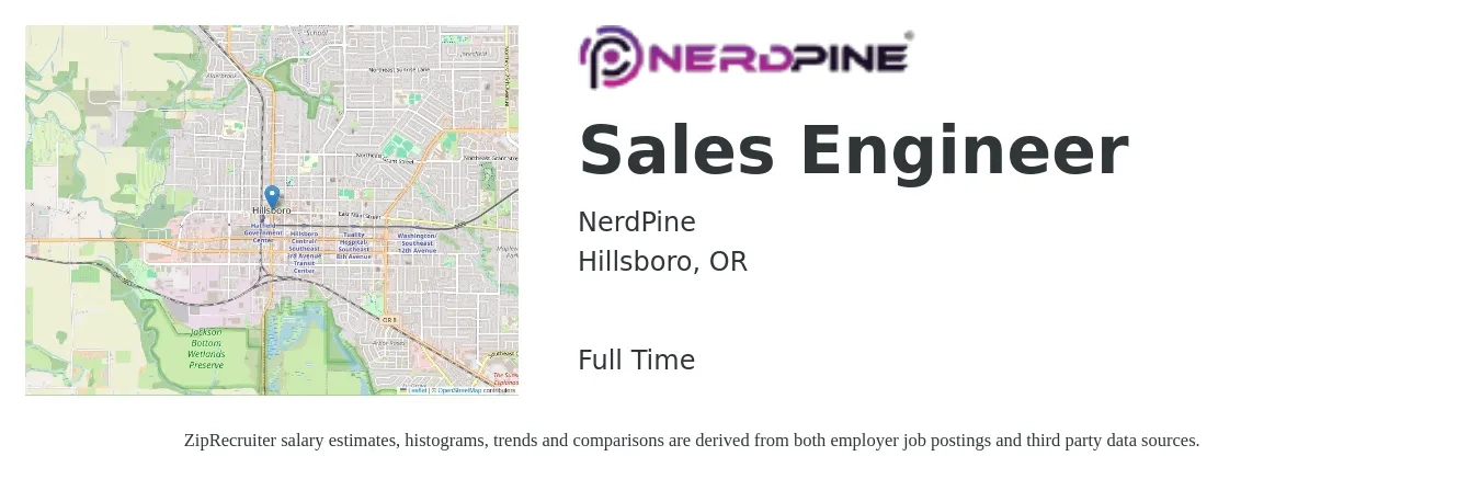 NerdPine job posting for a Sales Engineer in Hillsboro, OR with a salary of $81,700 to $122,500 Yearly with a map of Hillsboro location.