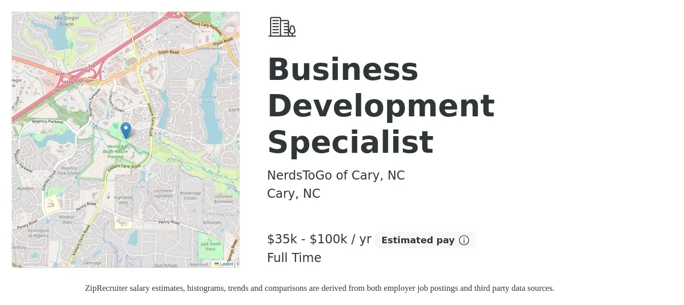 NerdsToGo of Cary, NC job posting for a Business Development Specialist in Cary, NC with a salary of $35,000 to $100,000 Yearly with a map of Cary location.