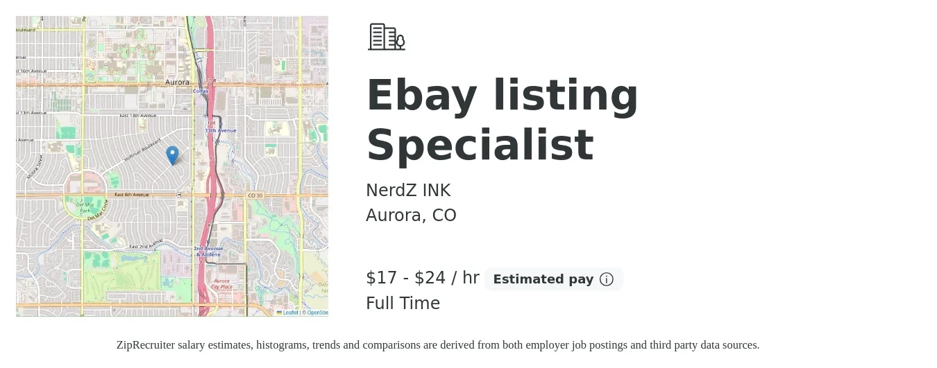 NerdZ INK job posting for a Ebay listing Specialist in Aurora, CO with a salary of $18 to $25 Hourly and benefits including pto with a map of Aurora location.
