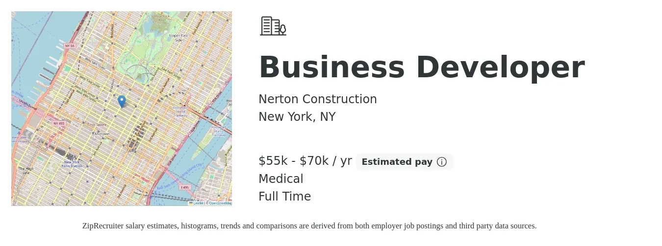 Nerton Construction job posting for a Business Developer in New York, NY with a salary of $55,000 to $70,000 Yearly (plus commission) and benefits including medical with a map of New York location.