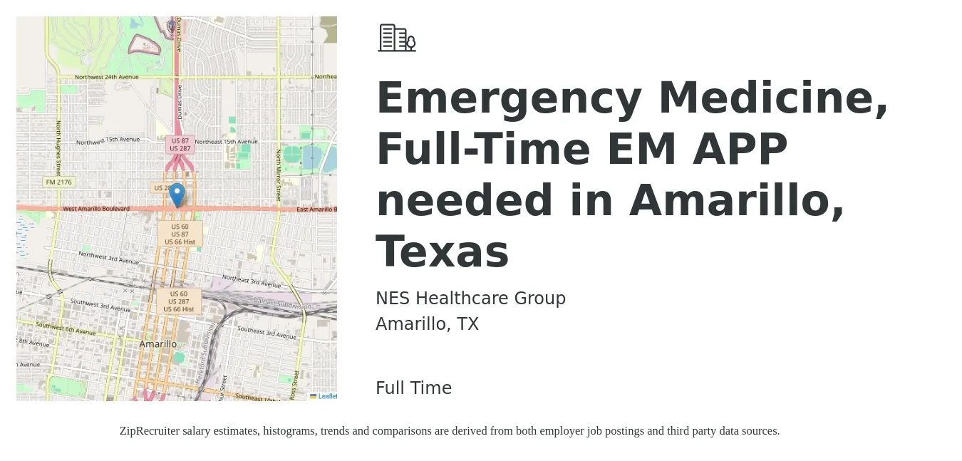 NES Healthcare Group job posting for a Emergency Medicine, Full-Time EM APP needed in Amarillo, Texas in Amarillo, TX with a salary of $102 to $163 Hourly with a map of Amarillo location.