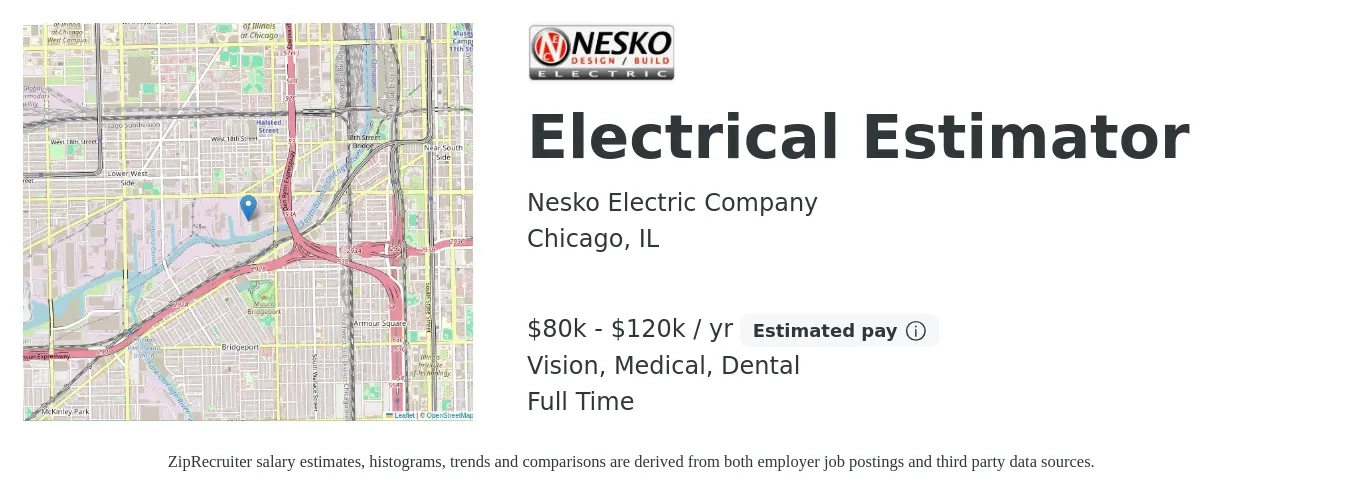 Nesko Electric Company job posting for a Electrical Estimator in Chicago, IL with a salary of $80,000 to $120,000 Yearly (plus commission) and benefits including dental, medical, retirement, and vision with a map of Chicago location.