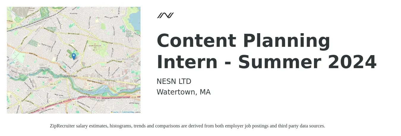 NESN LTD job posting for a Content Planning Intern - Summer 2024 in Watertown, MA with a salary of $17 to $22 Hourly with a map of Watertown location.