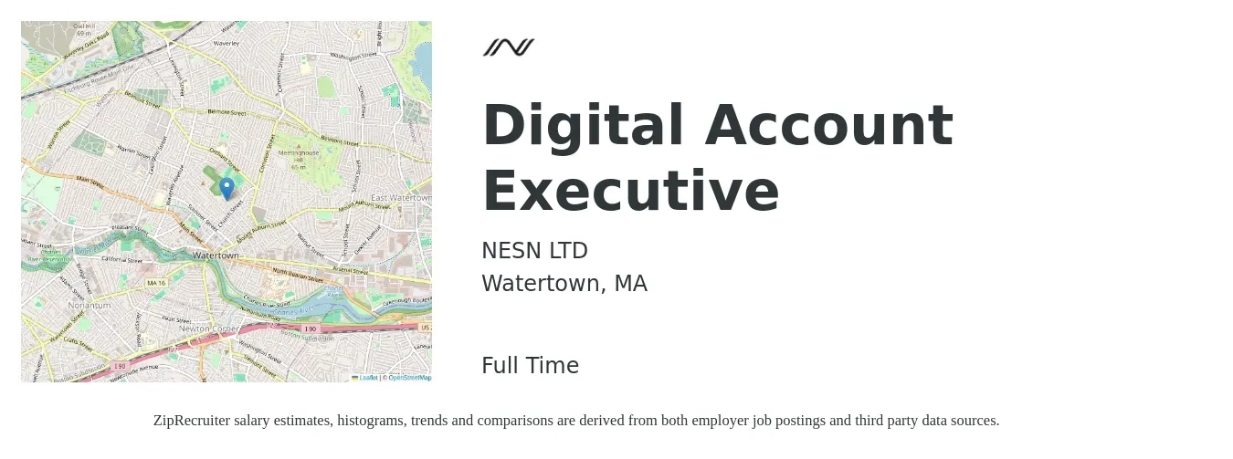 NESN LTD job posting for a Digital Account Executive in Watertown, MA with a salary of $54,900 to $75,000 Yearly with a map of Watertown location.