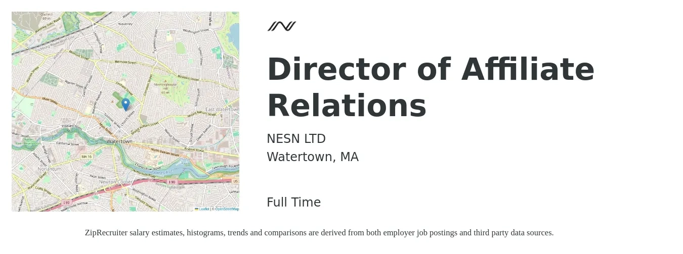 NESN LTD job posting for a Director of Affiliate Relations in Watertown, MA with a salary of $76,100 to $143,000 Yearly with a map of Watertown location.