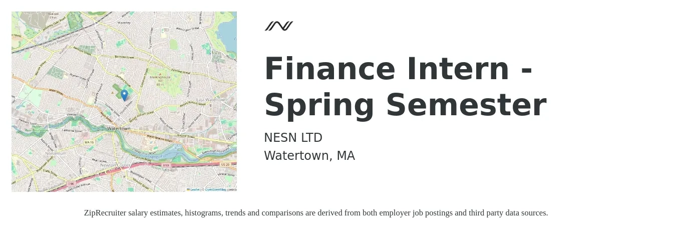 NESN LTD job posting for a Finance Intern - Spring Semester in Watertown, MA with a salary of $19 to $25 Hourly with a map of Watertown location.