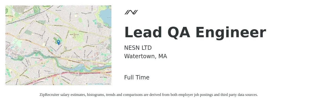 NESN LTD job posting for a Lead QA Engineer in Watertown, MA with a salary of $140,300 Yearly with a map of Watertown location.
