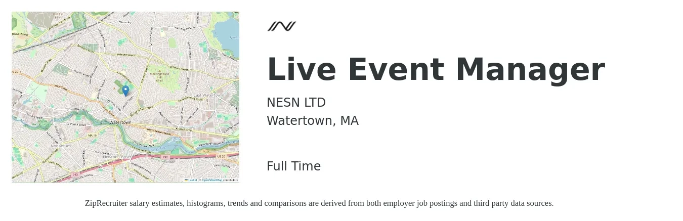 NESN LTD job posting for a Live Event Manager in Watertown, MA with a salary of $48,900 to $81,600 Yearly with a map of Watertown location.