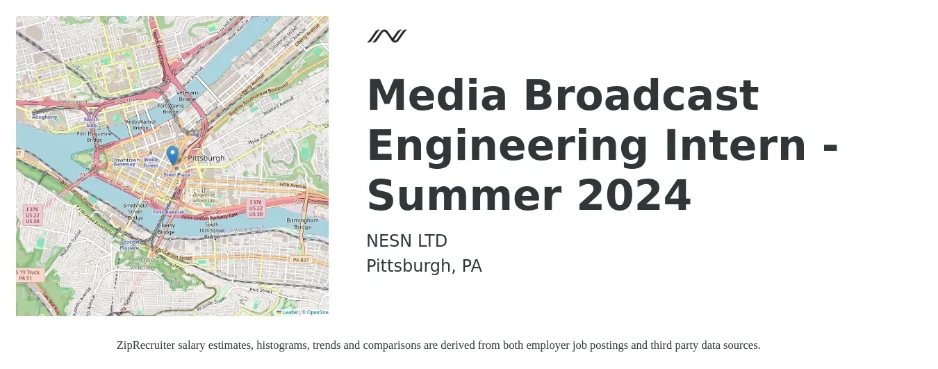 NESN LTD job posting for a Media Broadcast Engineering Intern - Summer 2024 in Pittsburgh, PA with a salary of $16 to $21 Hourly with a map of Pittsburgh location.
