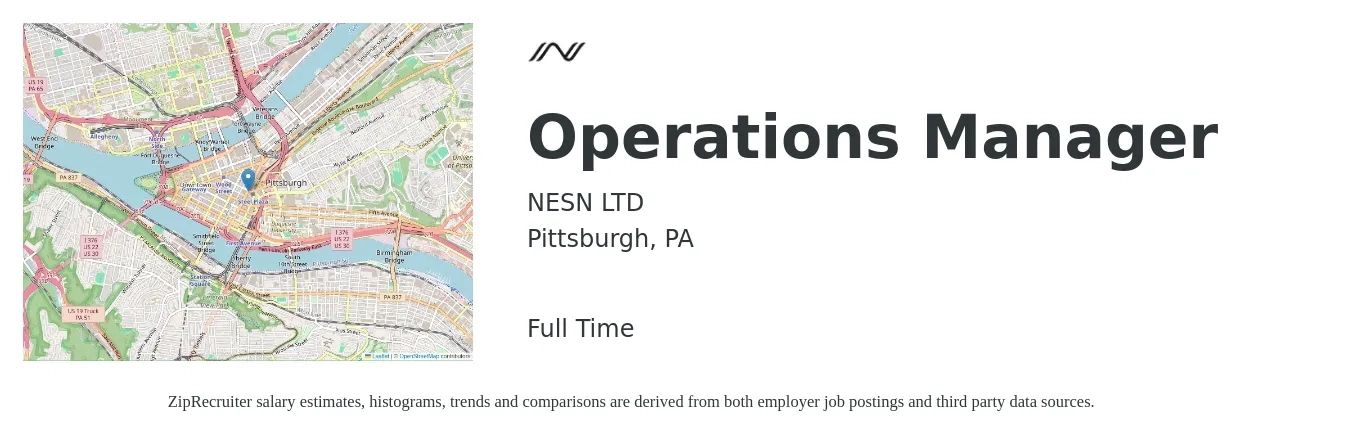 NESN LTD job posting for a Operations Manager in Pittsburgh, PA with a salary of $39,800 to $75,200 Yearly with a map of Pittsburgh location.