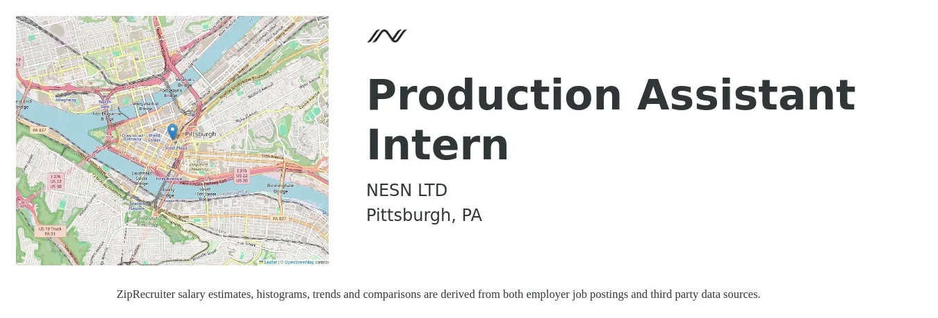 NESN LTD job posting for a Production Assistant Intern in Pittsburgh, PA with a salary of $16 to $20 Hourly with a map of Pittsburgh location.