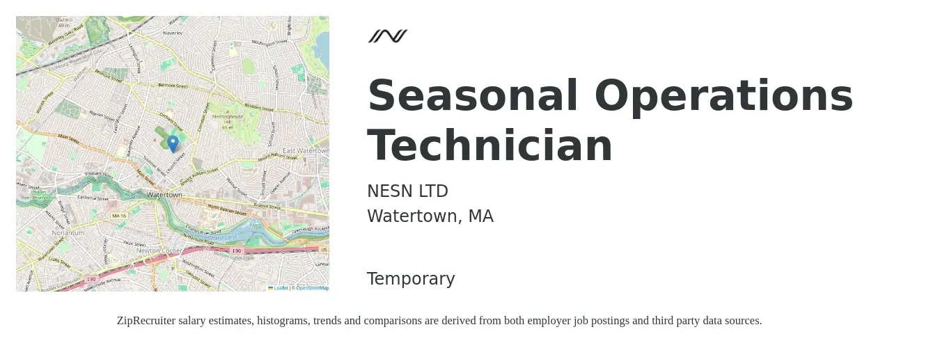 NESN LTD job posting for a Seasonal Operations Technician in Watertown, MA with a salary of $22 to $31 Hourly with a map of Watertown location.