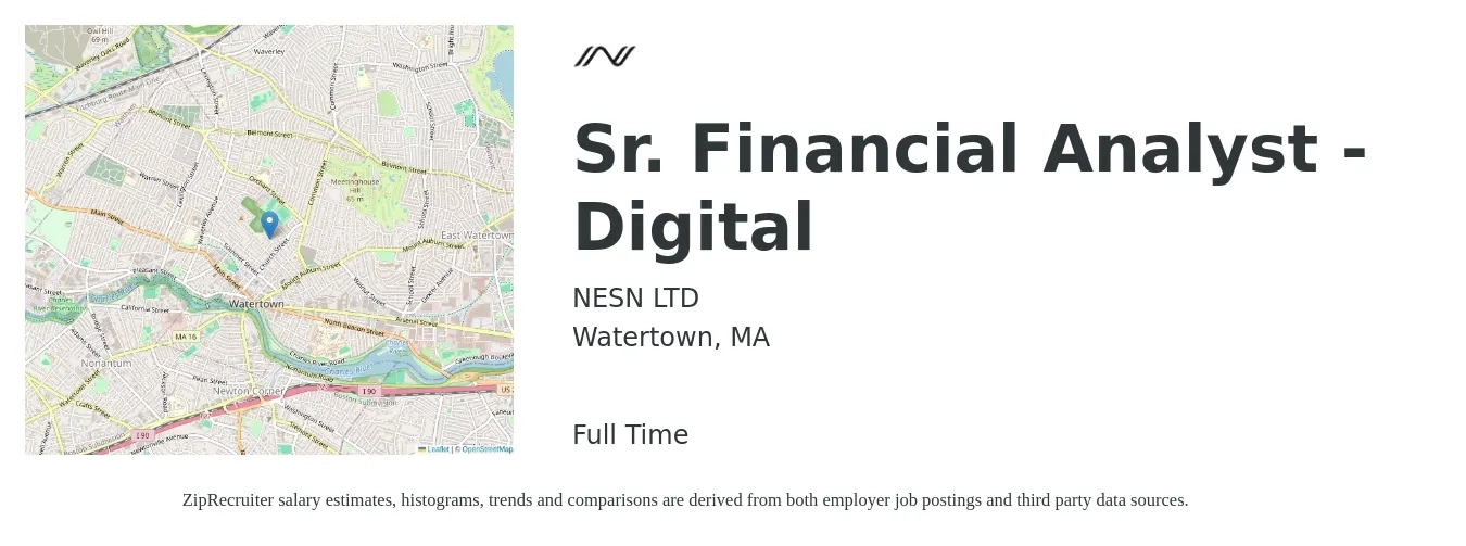 NESN LTD job posting for a Sr. Financial Analyst - Digital in Watertown, MA with a salary of $93,000 to $115,800 Yearly with a map of Watertown location.