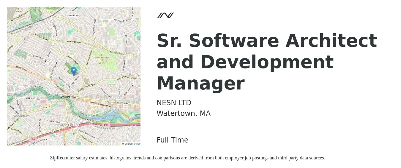 NESN LTD job posting for a Sr. Software Architect and Development Manager in Watertown, MA with a salary of $140,800 to $191,400 Yearly with a map of Watertown location.