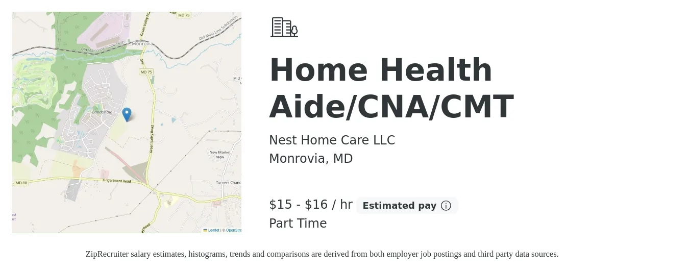 Nest Home Care LLC job posting for a Home Health Aide/CNA/CMT in Monrovia, MD with a salary of $16 to $17 Hourly with a map of Monrovia location.
