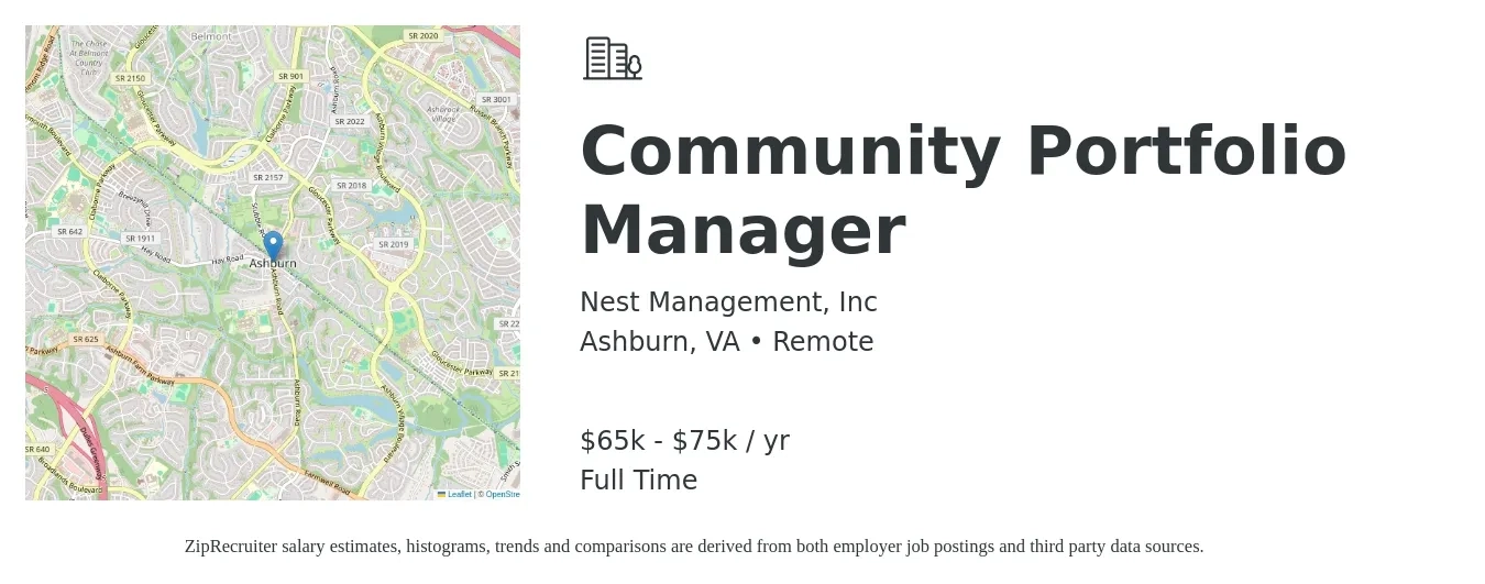 Nest Management, Inc job posting for a Community Portfolio Manager in Ashburn, VA with a salary of $65,000 to $75,000 Yearly with a map of Ashburn location.