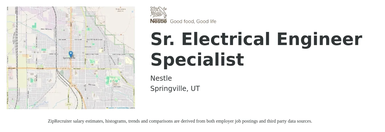Nestle job posting for a Sr. Electrical Engineer Specialist in Springville, UT with a salary of $99,400 to $129,400 Yearly with a map of Springville location.