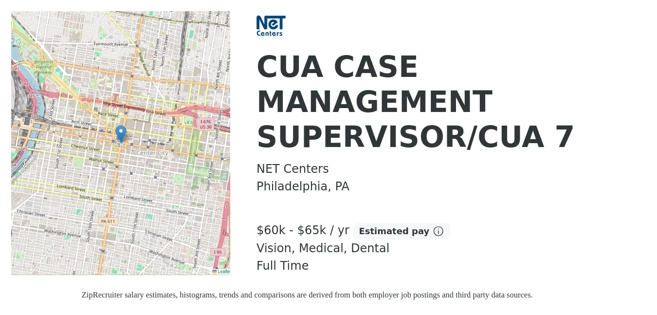 NET Centers job posting for a CUA CASE MANAGEMENT SUPERVISOR/CUA 7 in Philadelphia, PA with a salary of $60,000 to $65,000 Yearly and benefits including dental, medical, and vision with a map of Philadelphia location.