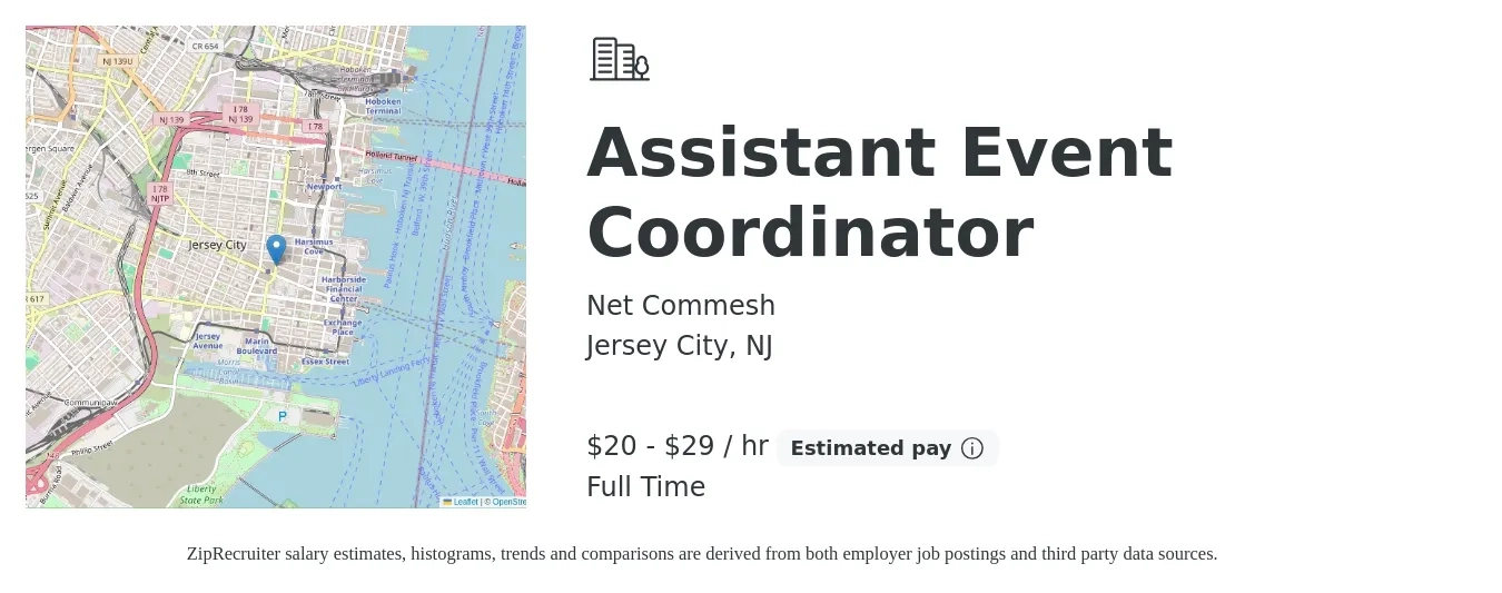 Net Commesh job posting for a Assistant Event Coordinator in Jersey City, NJ with a salary of $22 to $31 Hourly with a map of Jersey City location.