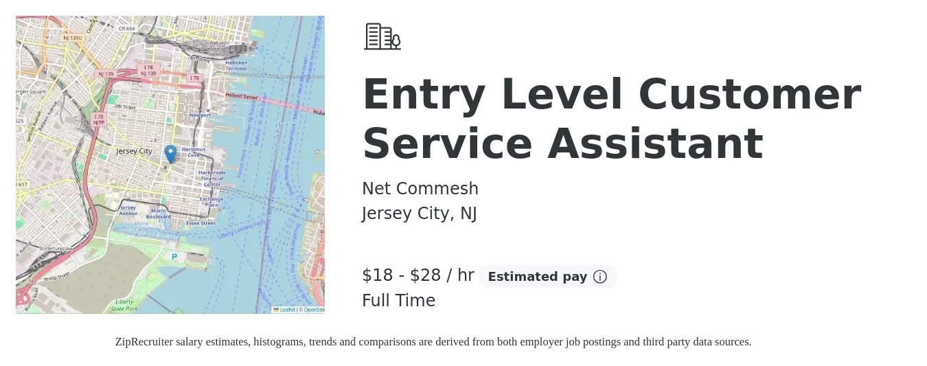 Net Commesh job posting for a Entry Level Customer Service Assistant in Jersey City, NJ with a salary of $20 to $30 Hourly with a map of Jersey City location.