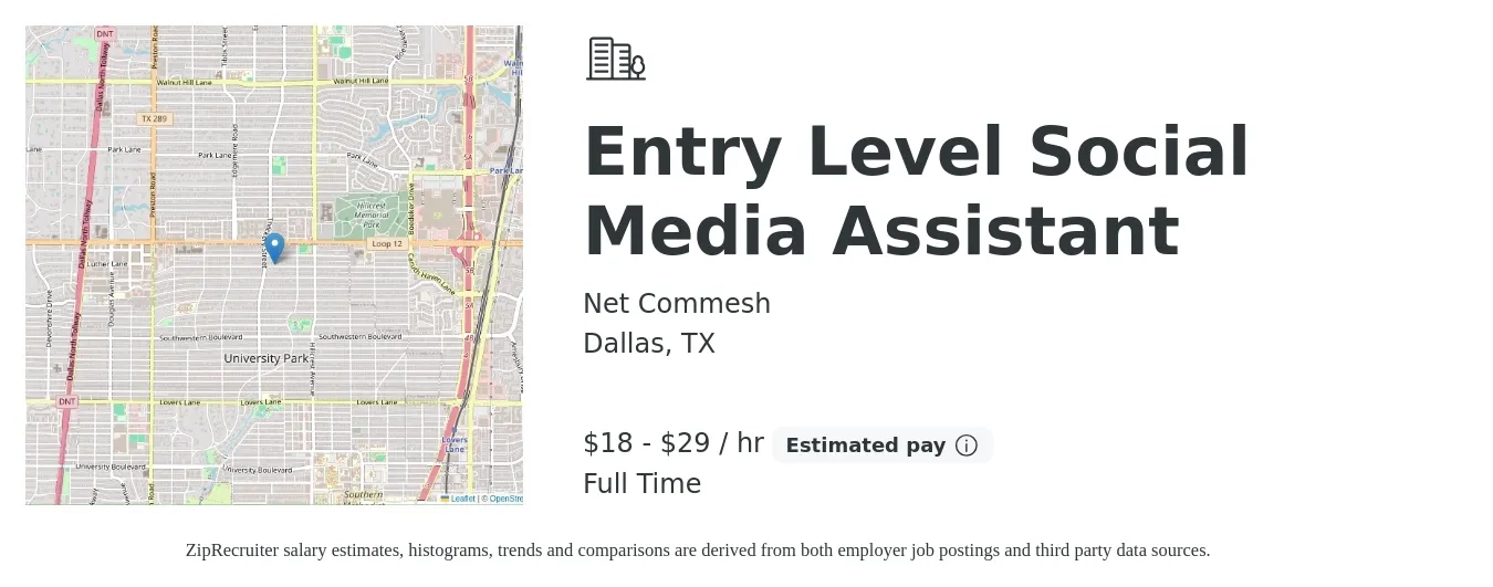 Net Commesh job posting for a Entry Level Social Media Assistant in Dallas, TX with a salary of $20 to $31 Hourly with a map of Dallas location.