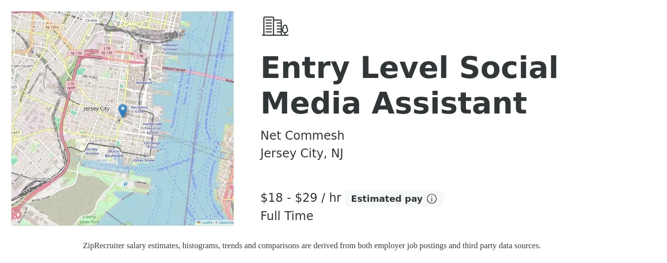 Net Commesh job posting for a Entry Level Social Media Assistant in Jersey City, NJ with a salary of $20 to $31 Hourly with a map of Jersey City location.