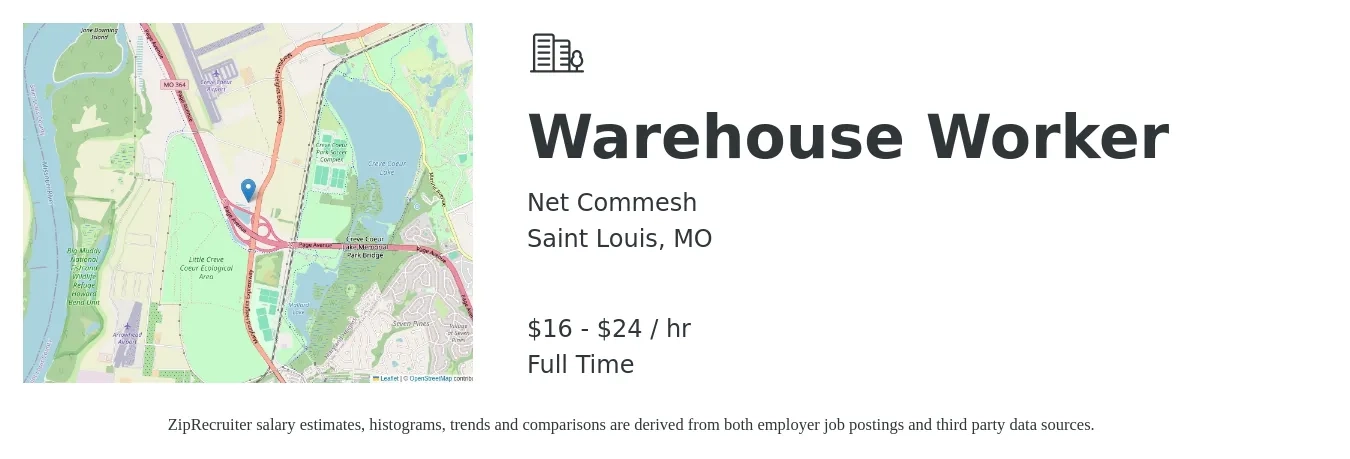 Net Commesh job posting for a Warehouse Worker in Saint Louis, MO with a salary of $17 to $25 Hourly with a map of Saint Louis location.