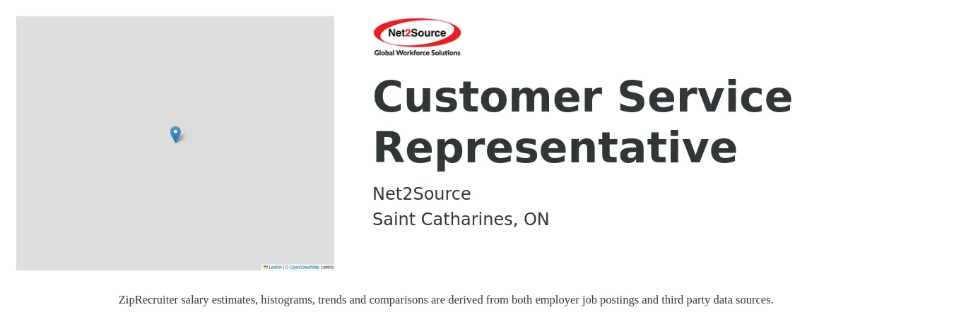 Net2Source job posting for a Customer Service Representative in Saint Catharines, ON with a map of Saint Catharines location.