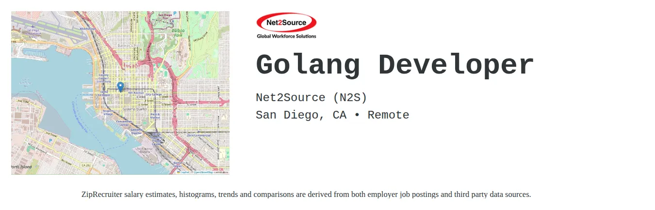 Net2Source (N2S) job posting for a Golang Developer in San Jose, CA with a salary of $60 to $83 Hourly with a map of San Jose location.