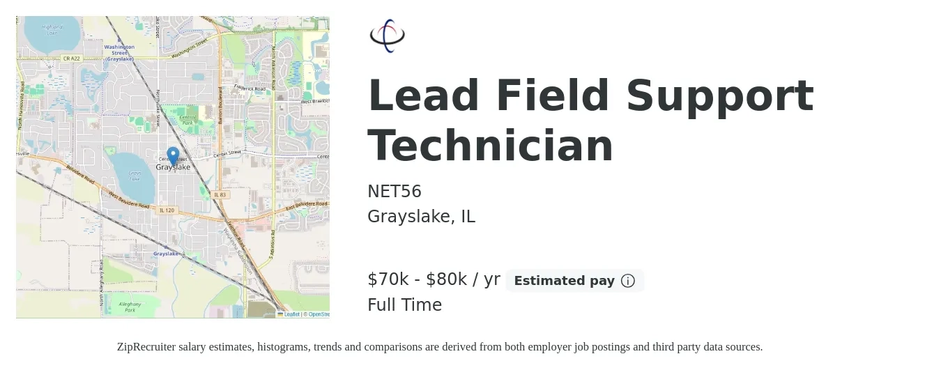 NET56 job posting for a Lead Field Support Technician in Grayslake, IL with a salary of $70,000 to $80,000 Yearly with a map of Grayslake location.
