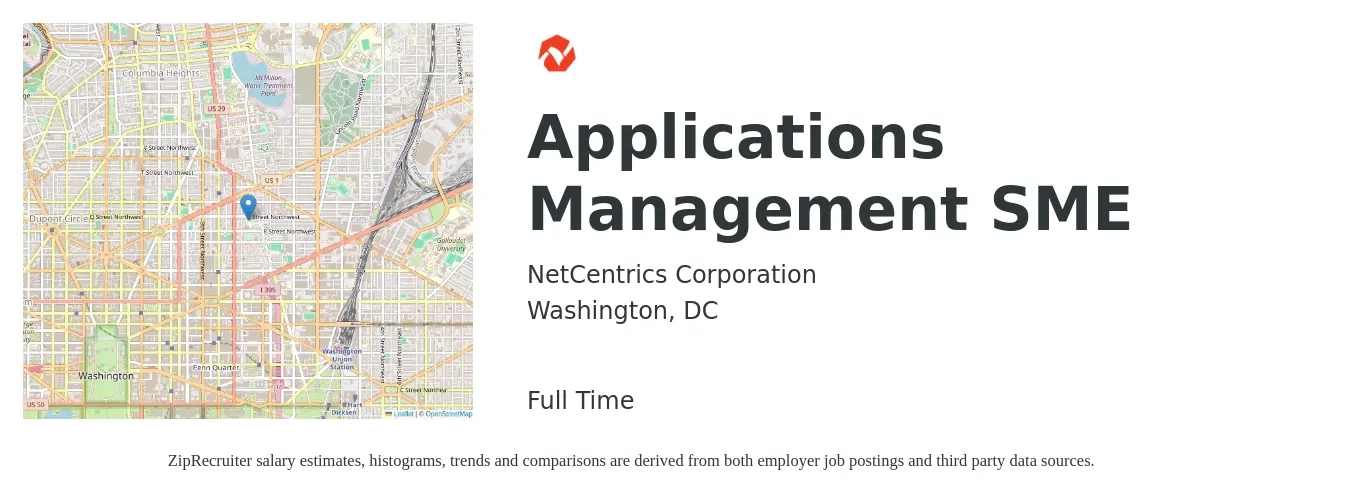 NetCentrics Corporation job posting for a Applications Management SME in Washington, DC with a salary of $76,700 to $112,800 Yearly with a map of Washington location.