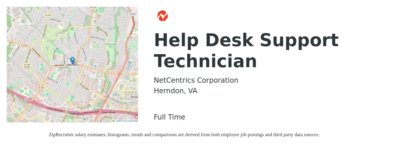 NetCentrics Corporation job posting for a Help Desk Support Technician in Herndon, VA with a salary of $20 to $28 Hourly with a map of Herndon location.