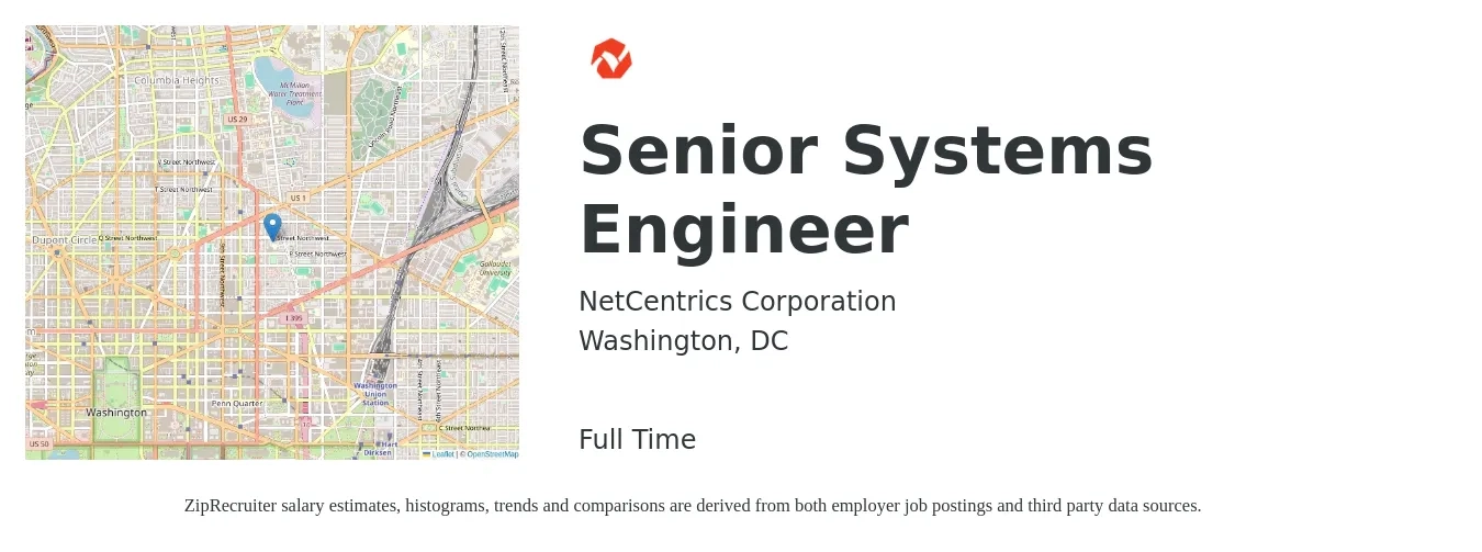 NetCentrics Corporation job posting for a Senior Systems Engineer in Washington, DC with a salary of $118,300 to $161,900 Yearly with a map of Washington location.