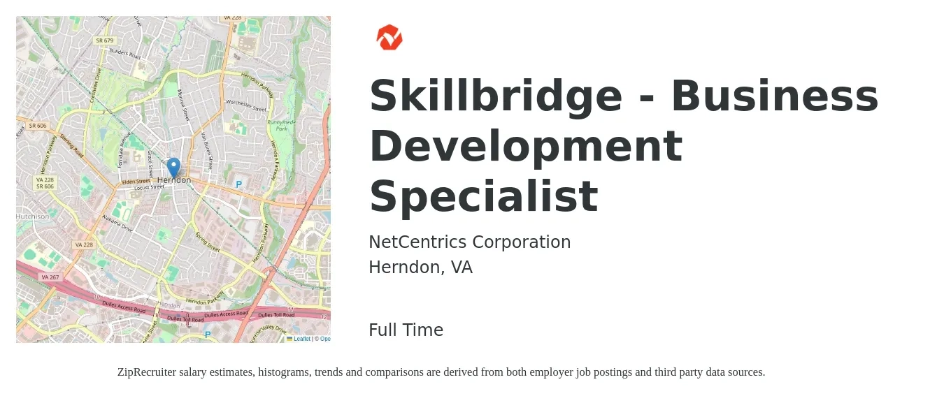 NetCentrics Corporation job posting for a Skillbridge - Business Development Specialist in Herndon, VA with a map of Herndon location.