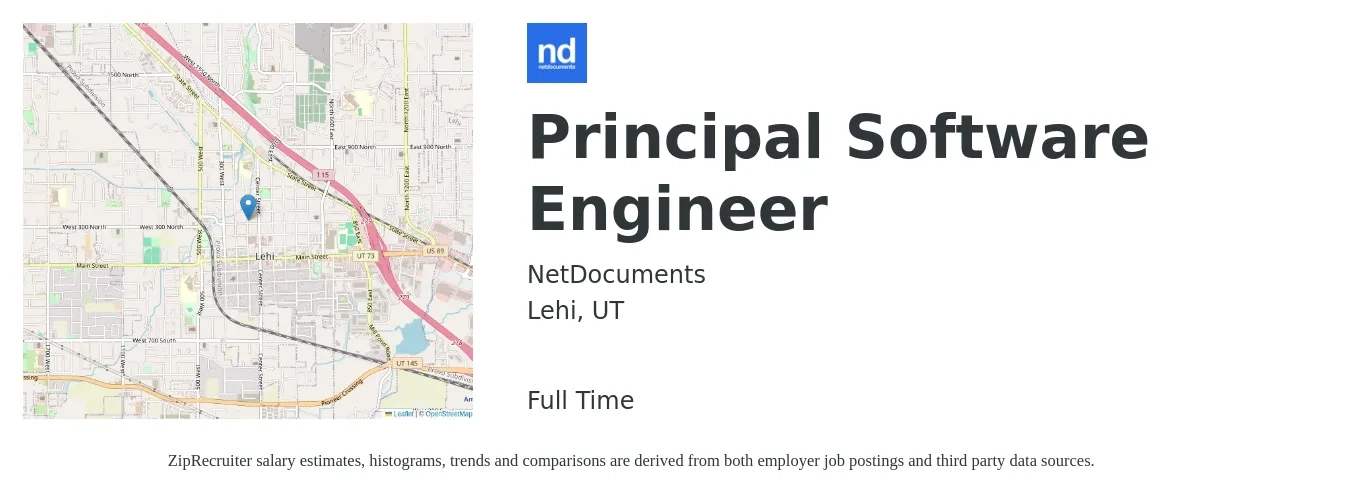 NetDocuments job posting for a Principal Software Engineer in Lehi, UT with a salary of $126,700 to $169,900 Yearly with a map of Lehi location.