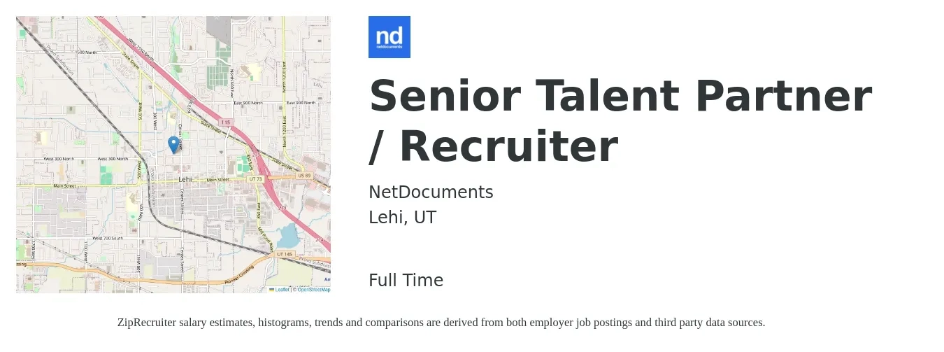 NetDocuments job posting for a Senior Talent Partner / Recruiter in Lehi, UT with a salary of $56,800 to $91,100 Yearly with a map of Lehi location.