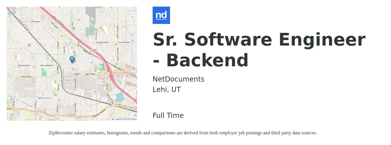 NetDocuments job posting for a Sr. Software Engineer - Backend in Lehi, UT with a salary of $116,400 to $161,500 Yearly with a map of Lehi location.