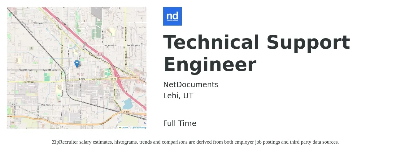 NetDocuments job posting for a Technical Support Engineer in Lehi, UT with a salary of $54,400 to $92,500 Yearly with a map of Lehi location.