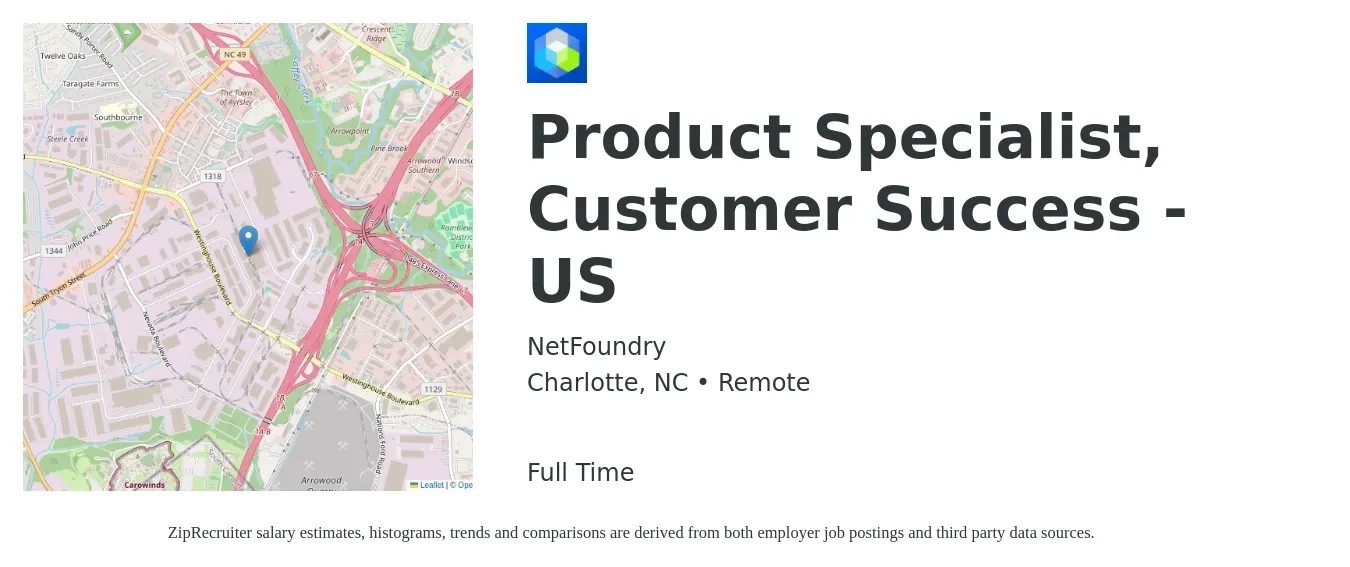 NetFoundry job posting for a Product Specialist, Customer Success - US in Charlotte, NC with a salary of $18 to $25 Hourly with a map of Charlotte location.