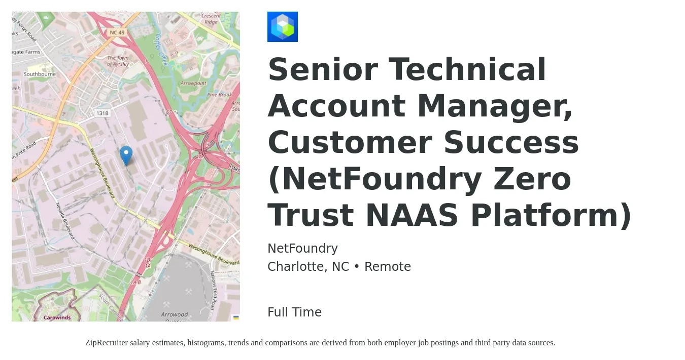NetFoundry job posting for a Senior Technical Account Manager, Customer Success (NetFoundry Zero Trust NAAS Platform) in Charlotte, NC with a salary of $110,900 to $152,900 Yearly with a map of Charlotte location.