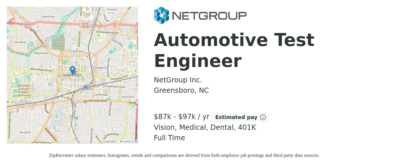 NetGroup Inc. job posting for a Automotive Test Engineer in Greensboro, NC with a salary of $87,000 to $97,000 Yearly and benefits including vision, 401k, dental, life_insurance, and medical with a map of Greensboro location.
