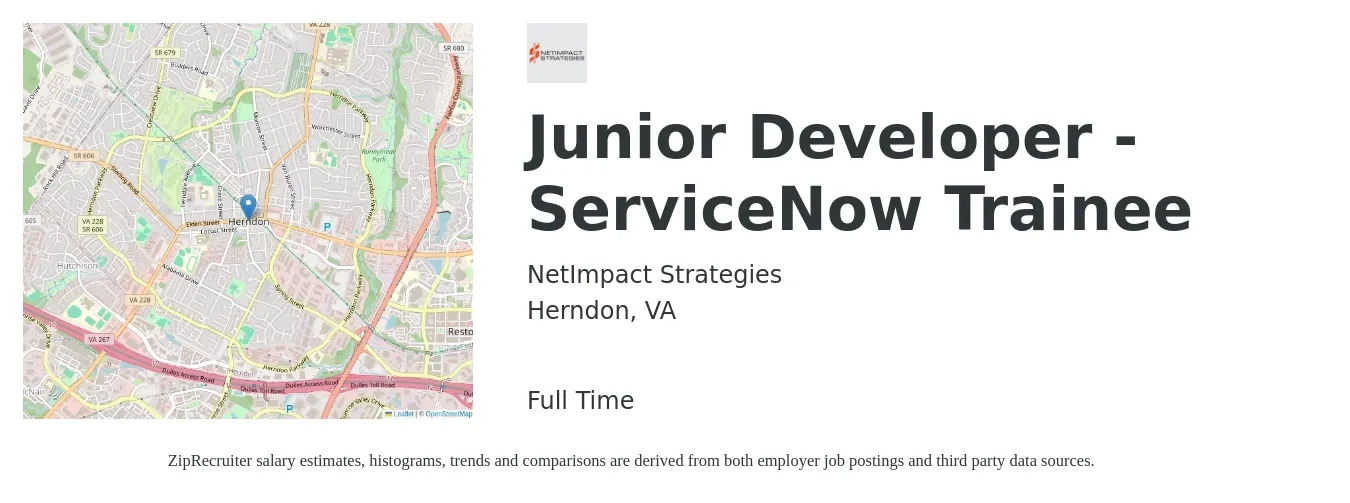 NetImpact Strategies job posting for a Junior Developer - ServiceNow Trainee in Herndon, VA with a salary of $68,800 to $89,400 Yearly with a map of Herndon location.